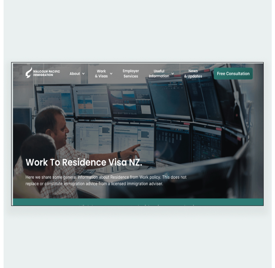 Malcolm Pacific Immigration webpage about Work to Residence Visa in New Zealand