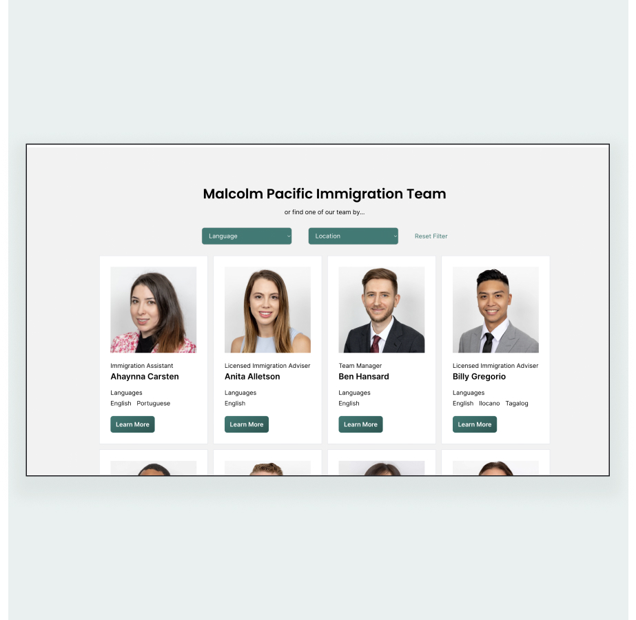 Malcolm Pacific Immigration Team profile grid with four diverse staff members