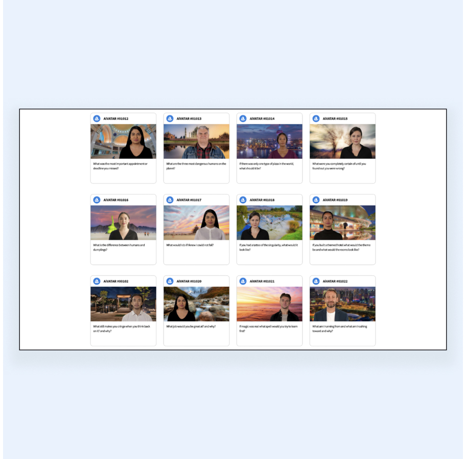 Grid of 12 diverse avatar portraits with different backgrounds and questions