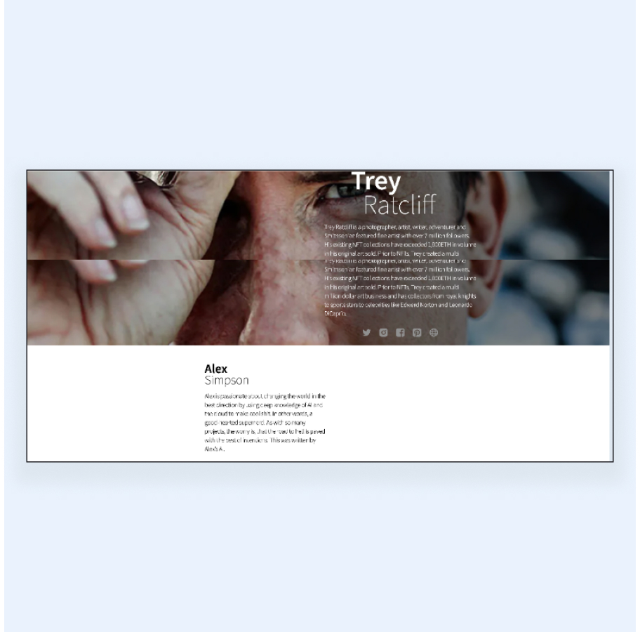 Portfolio webpage with close-up photo and professional profiles of Trey Ratcliff and Alex Simpson