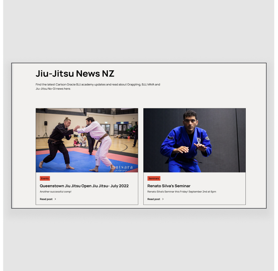 Jiu-Jitsu News NZ website with two martial arts event listings