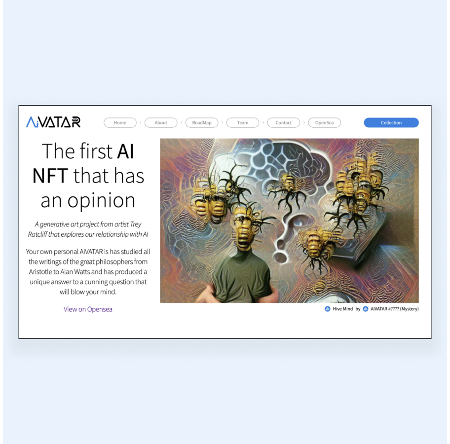 AI NFT artwork with bee-like heads exploring philosophical consciousness