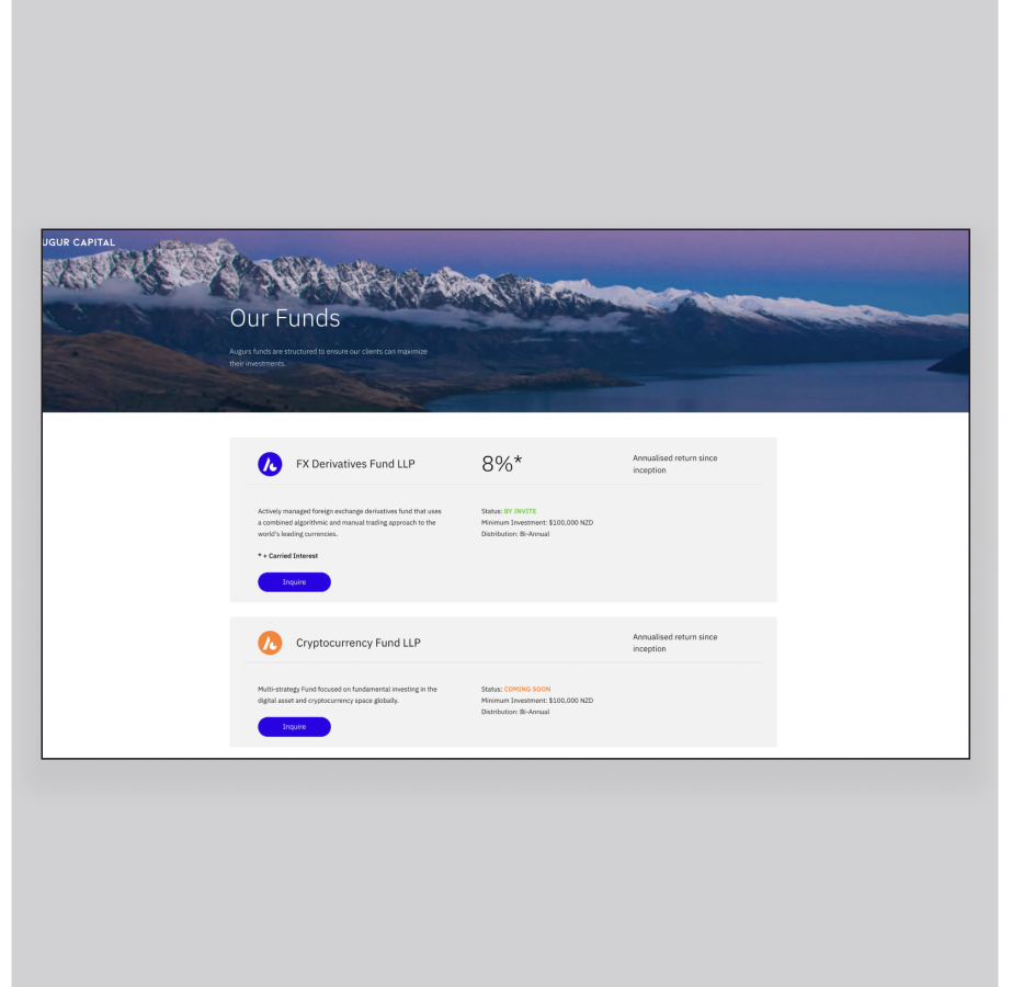 Investment funds webpage with mountain landscape background and fund details