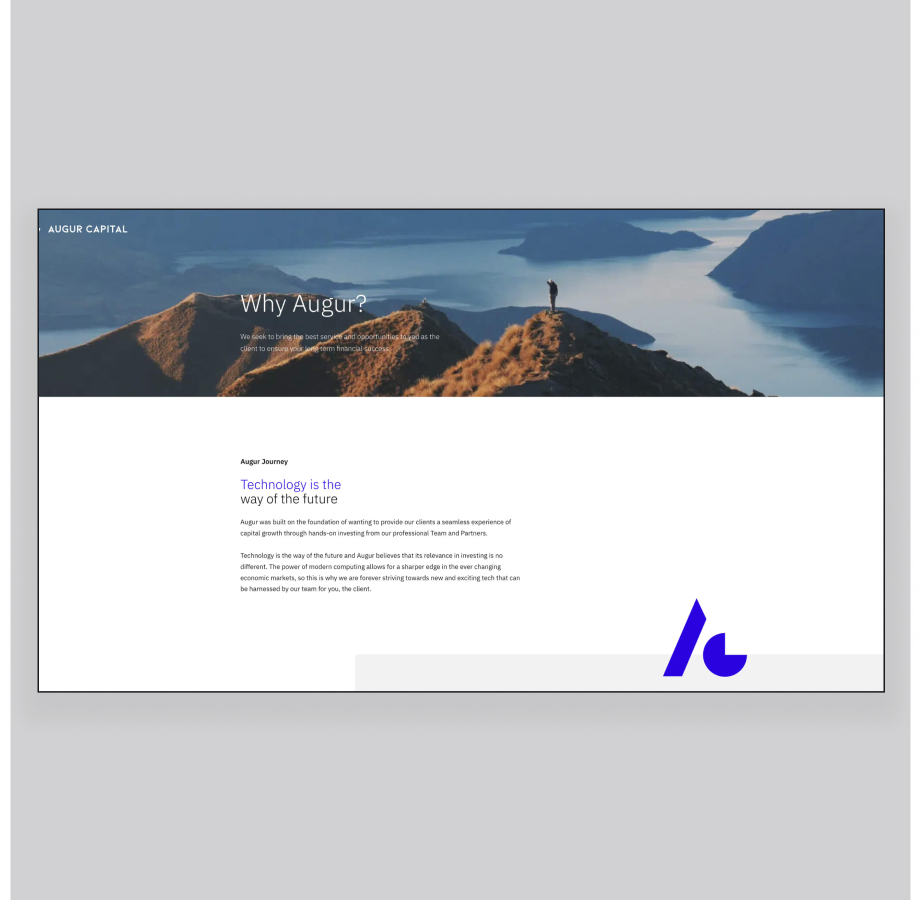 Silhouette of person on mountain peak overlooking misty landscape and Augur Capital logo