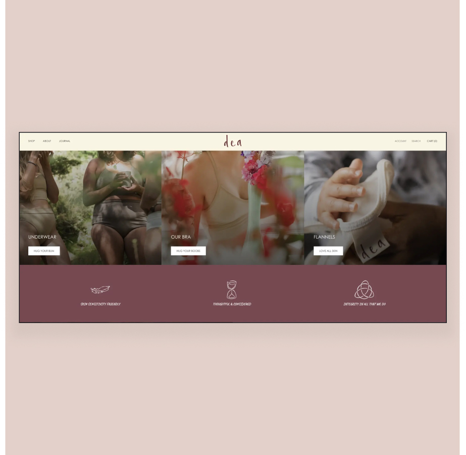 Dea website homepage showcasing underwear, bra, and flannels product sections