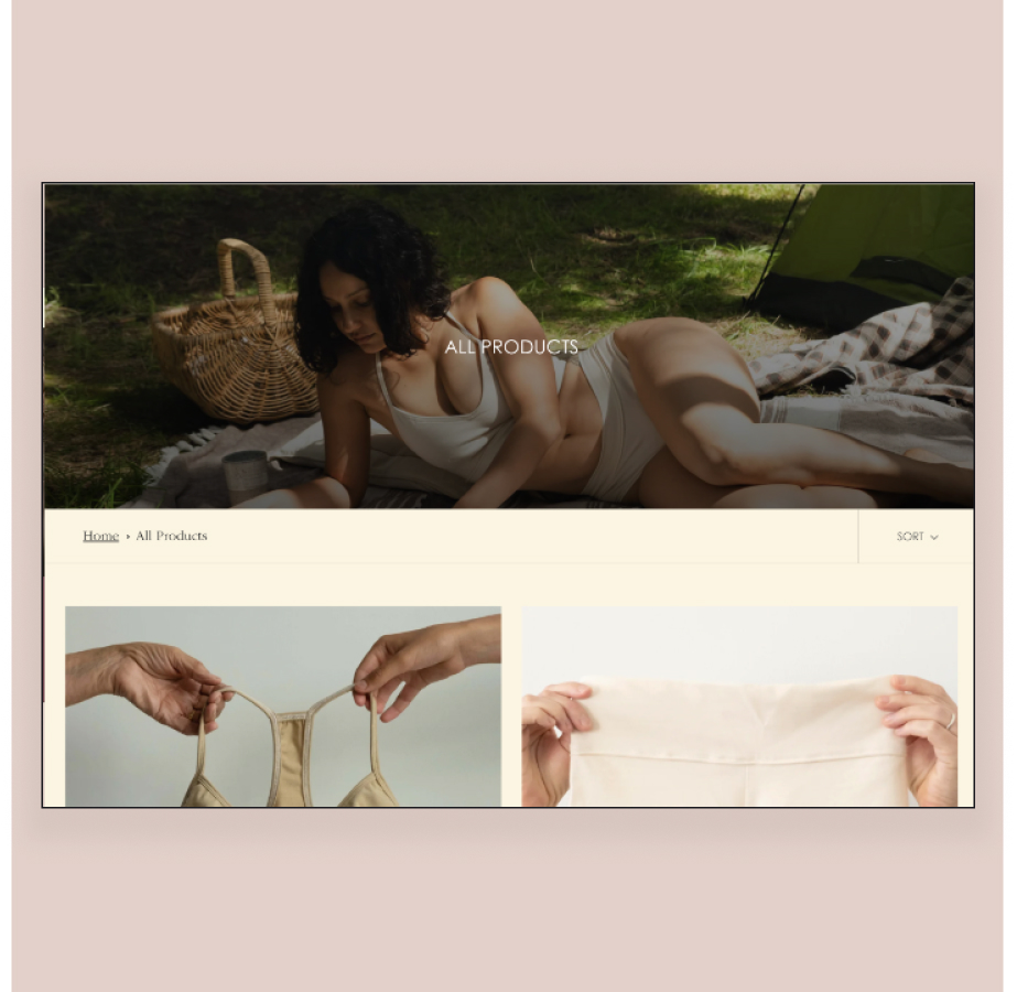 Woman resting on blanket with picnic basket, website showing clothing products