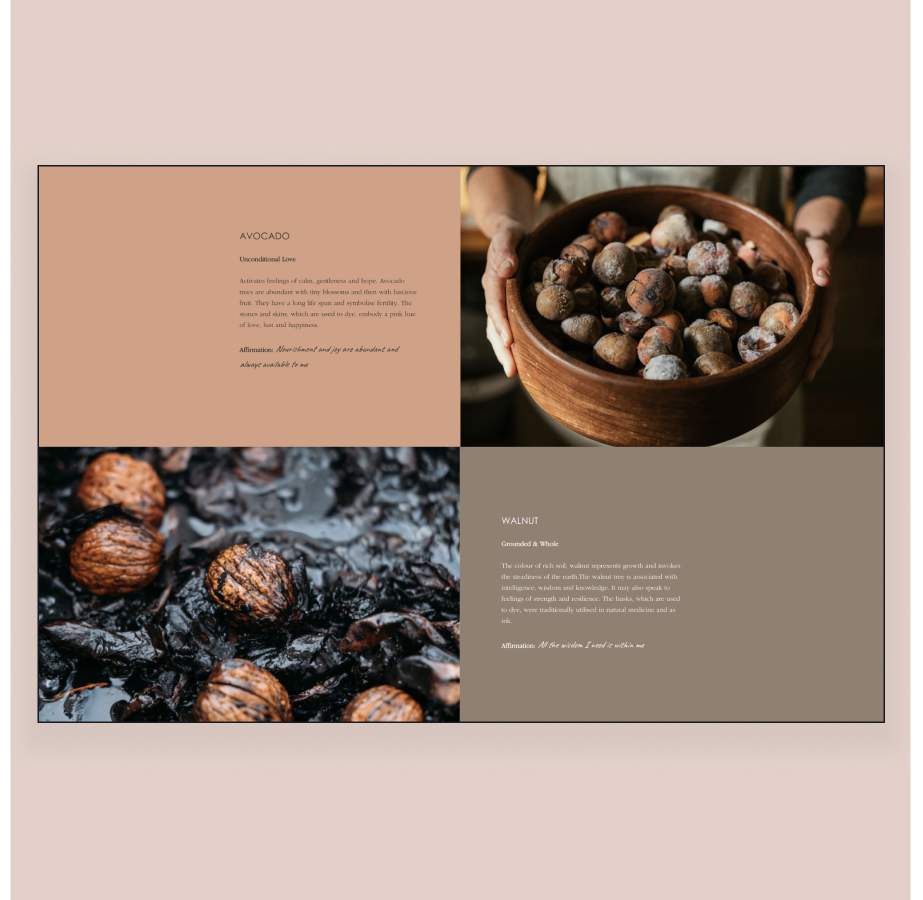 Wooden bowl of whole avocados and walnuts on artistic layout