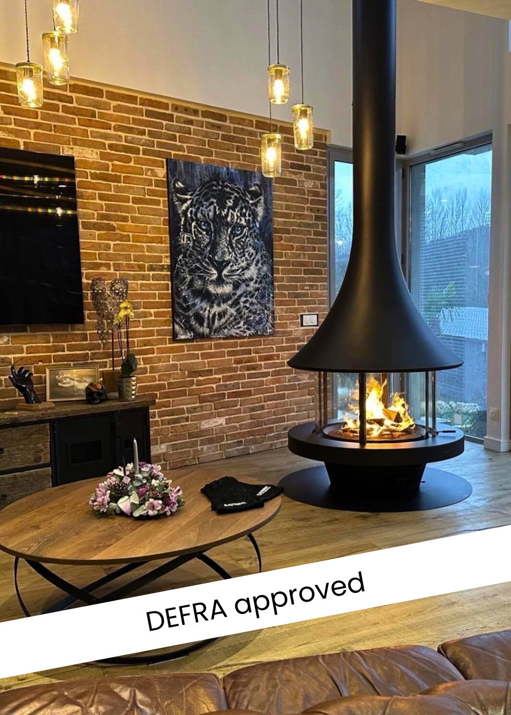 wood-burner wall-mounted fireplace in log cabin
