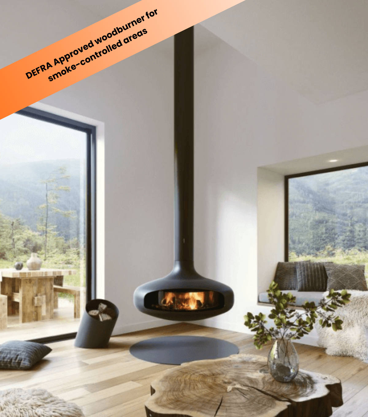 Domofocusdesigner fireplace in open plan kitchen and living space