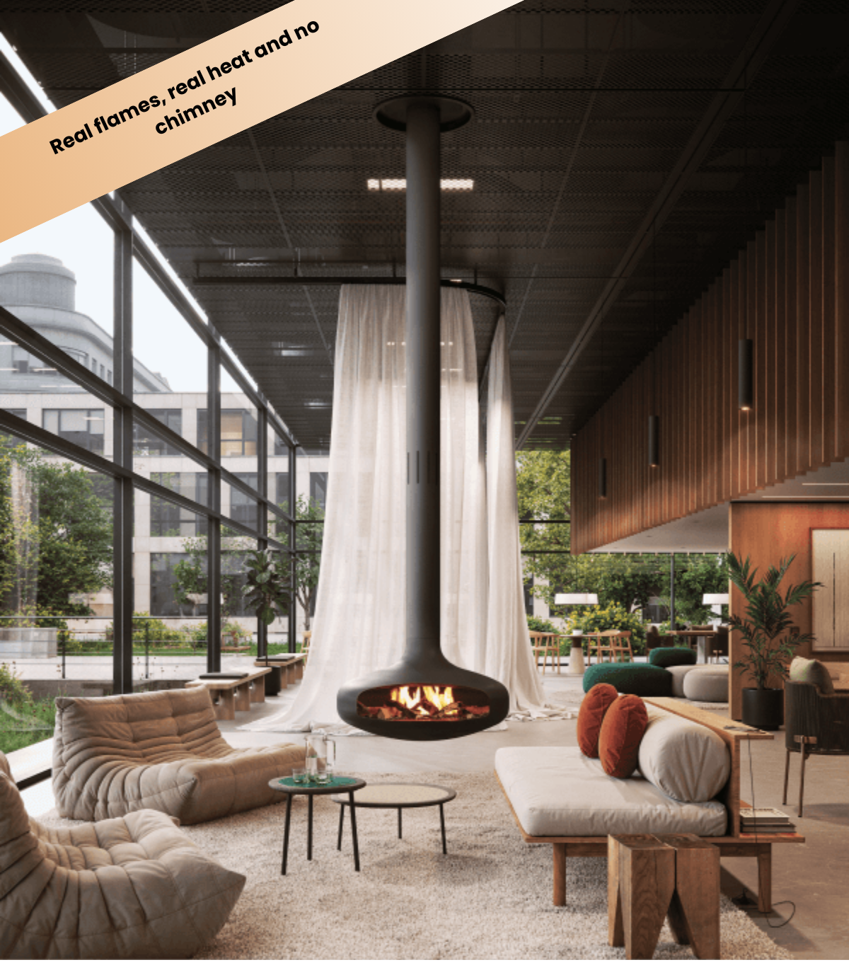 Domofocus bioethanol fireplace - unique design, custom made fireplace hanging, suspended in a living room