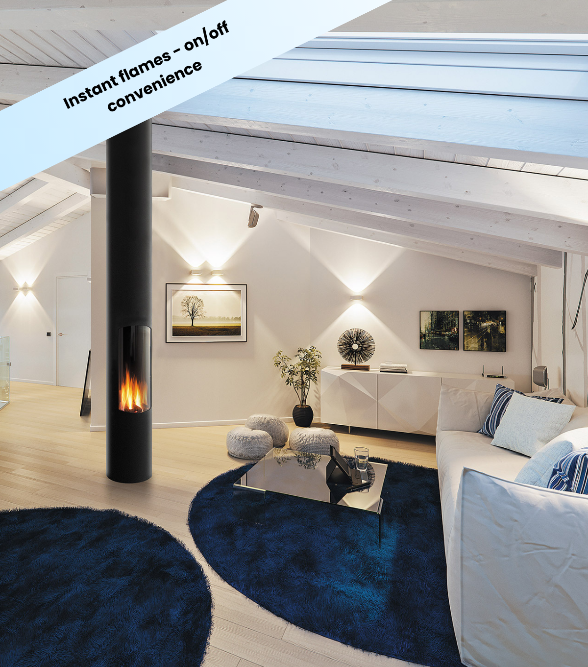 Slimfocus central hanging fireplace in a modern living room