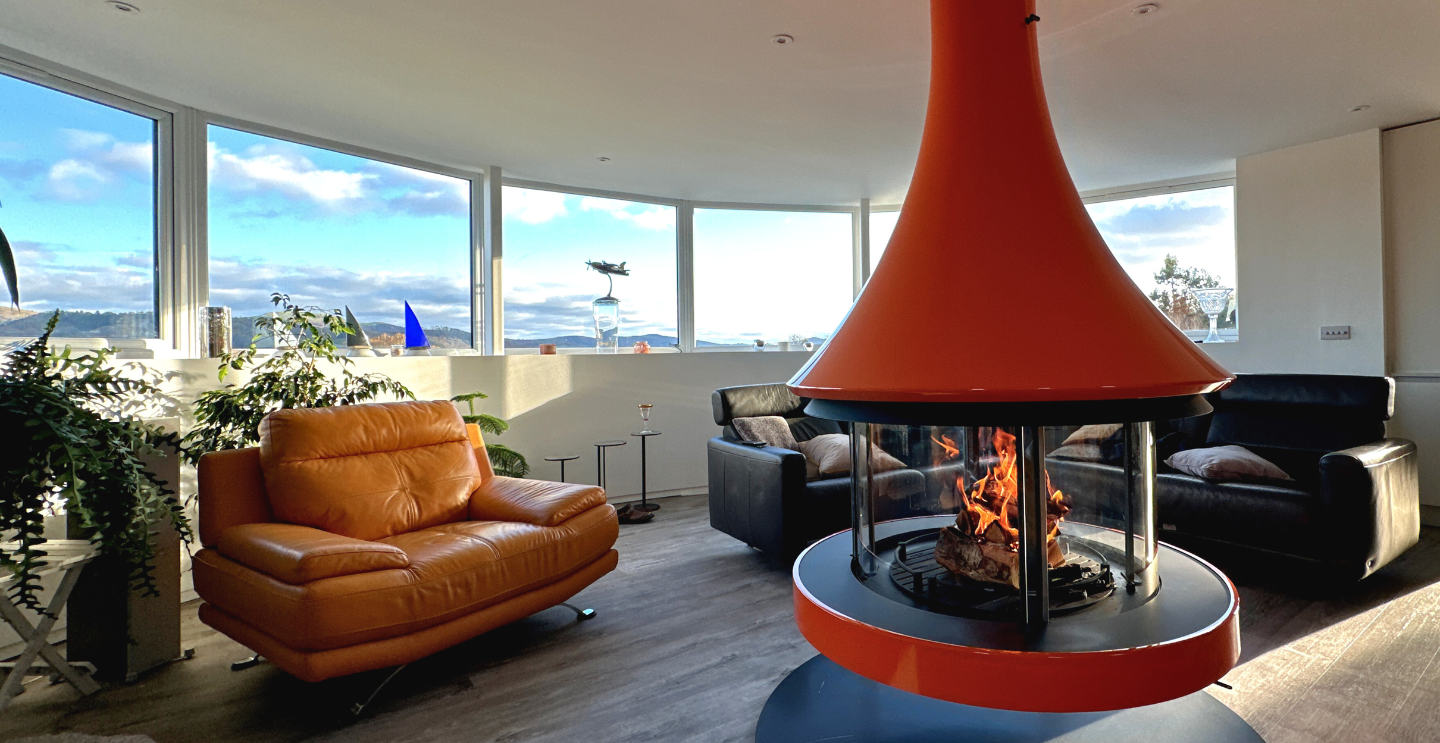 A suspended EVA fireplace