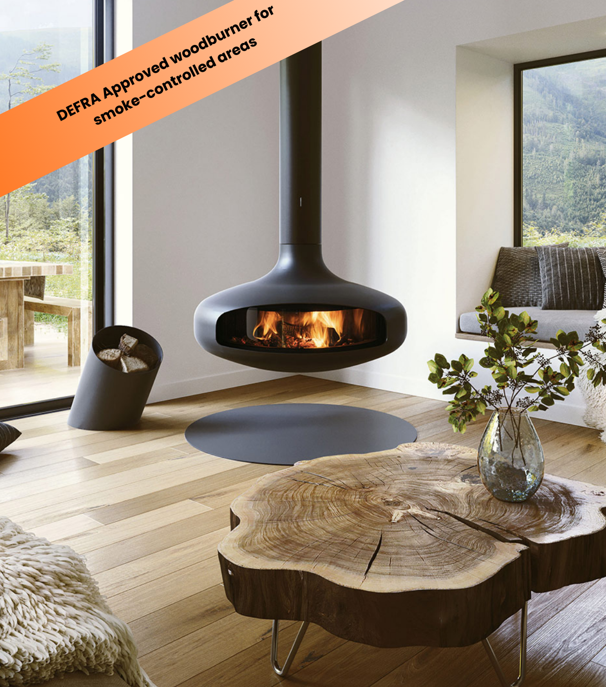 Domofocusdesigner fireplace in open plan kitchen and living space