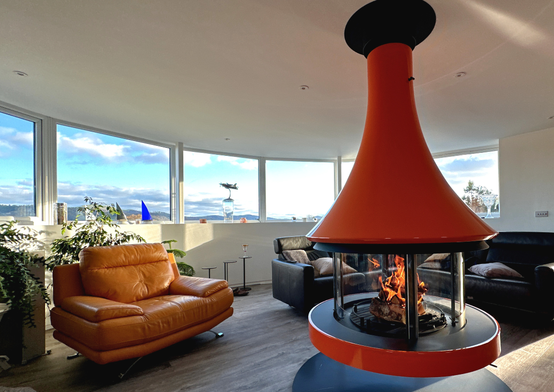 JC Bordelet Eva Central fireplace with white base pedestal