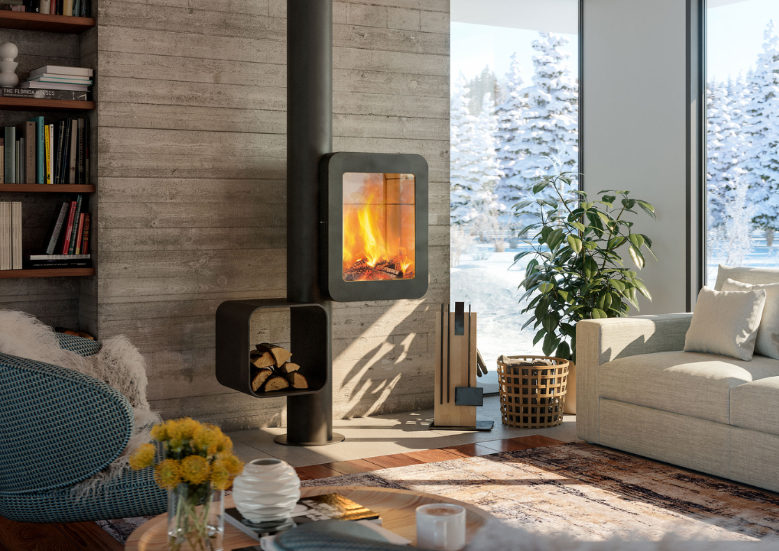 JC Bordelet Lea fireplace wall-mounted in modern living room dark feature wall