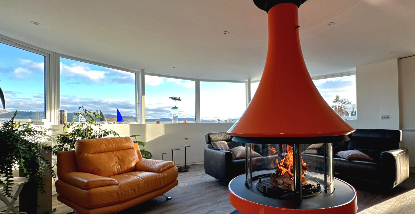 A suspended EVA fireplace