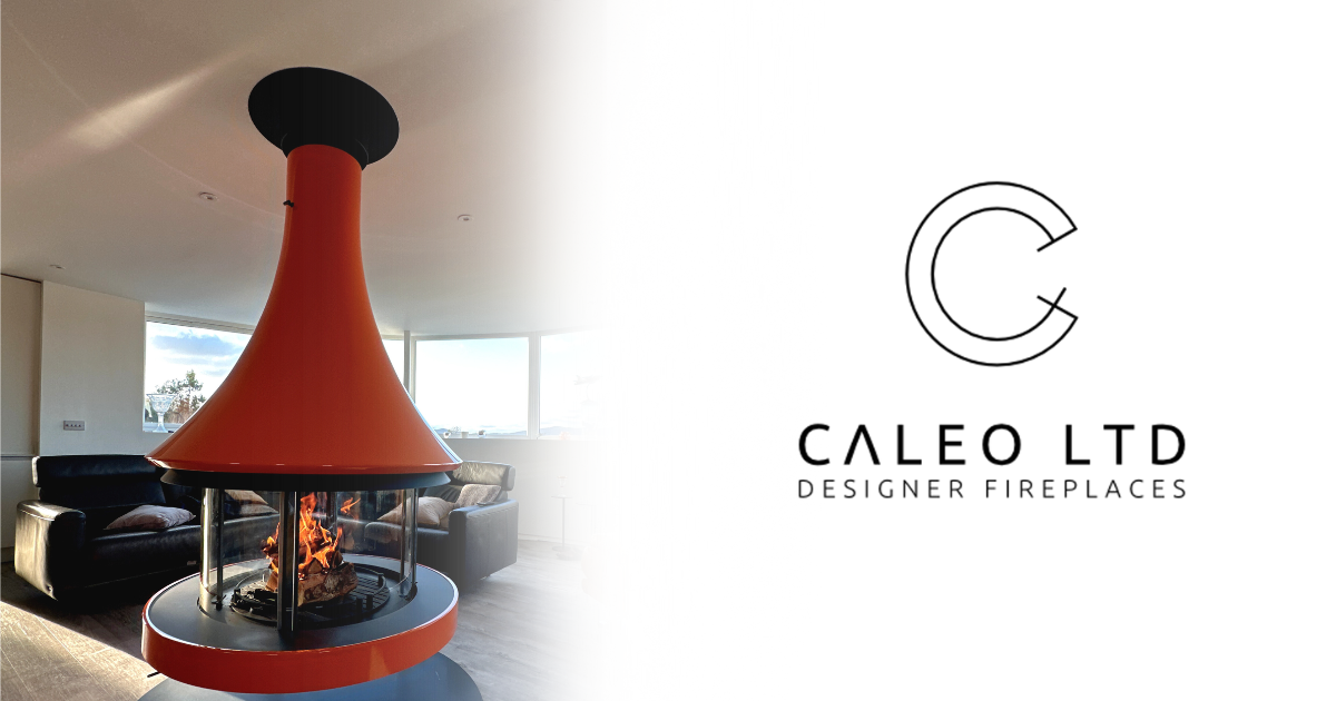 A suspended orange fireplace