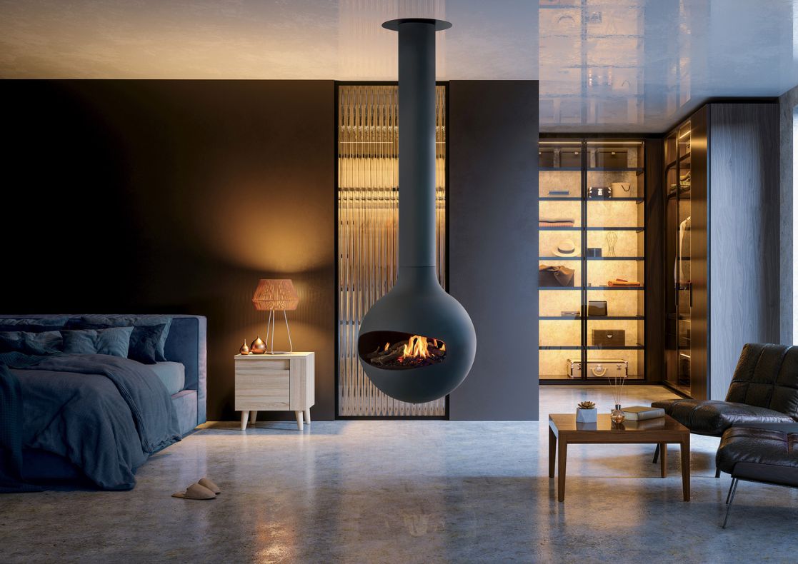 Bathyscafocus electric effect suspended fireplace in a moody bedroom