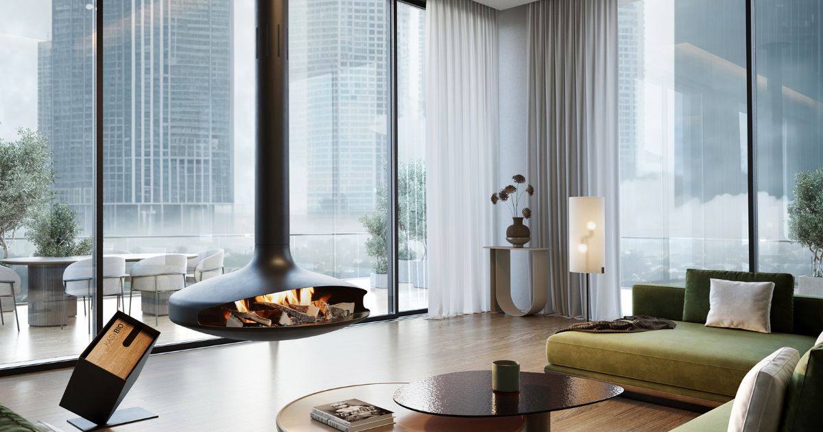 A hanging bioethanol fireplace in a modern apartment