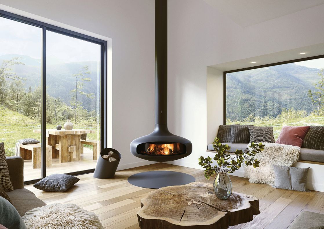 Suspended Domofocus wood burning fireplace