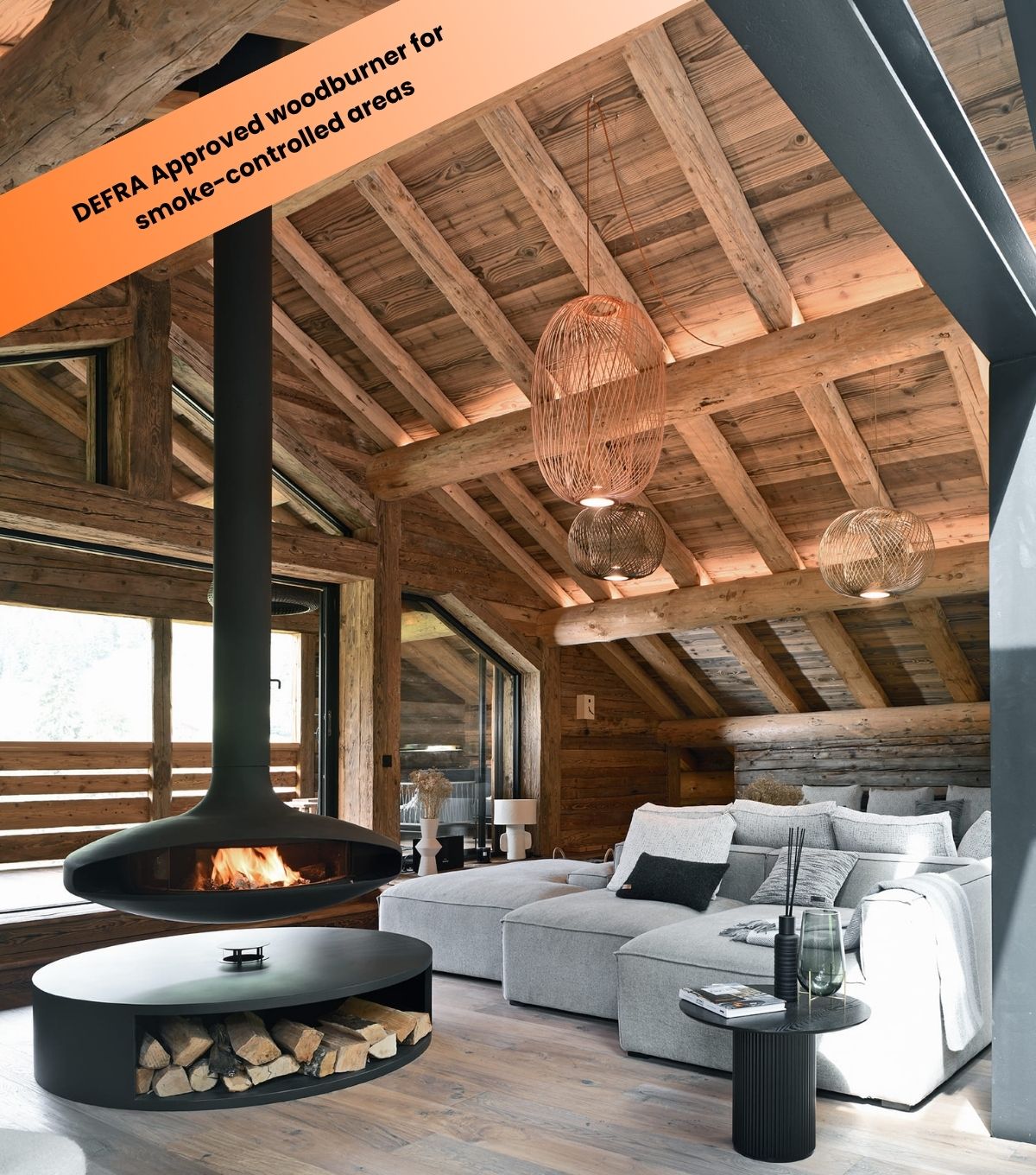 The suspended woodburning Gyrofocus glazed, a DEFRA Approved fireplace