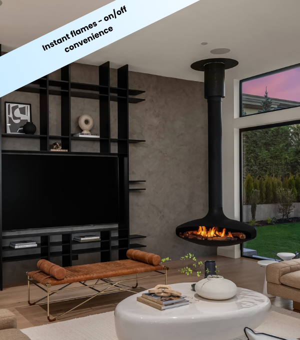 Suspended gyrofocus gas fireplace in a high ceiling apartment