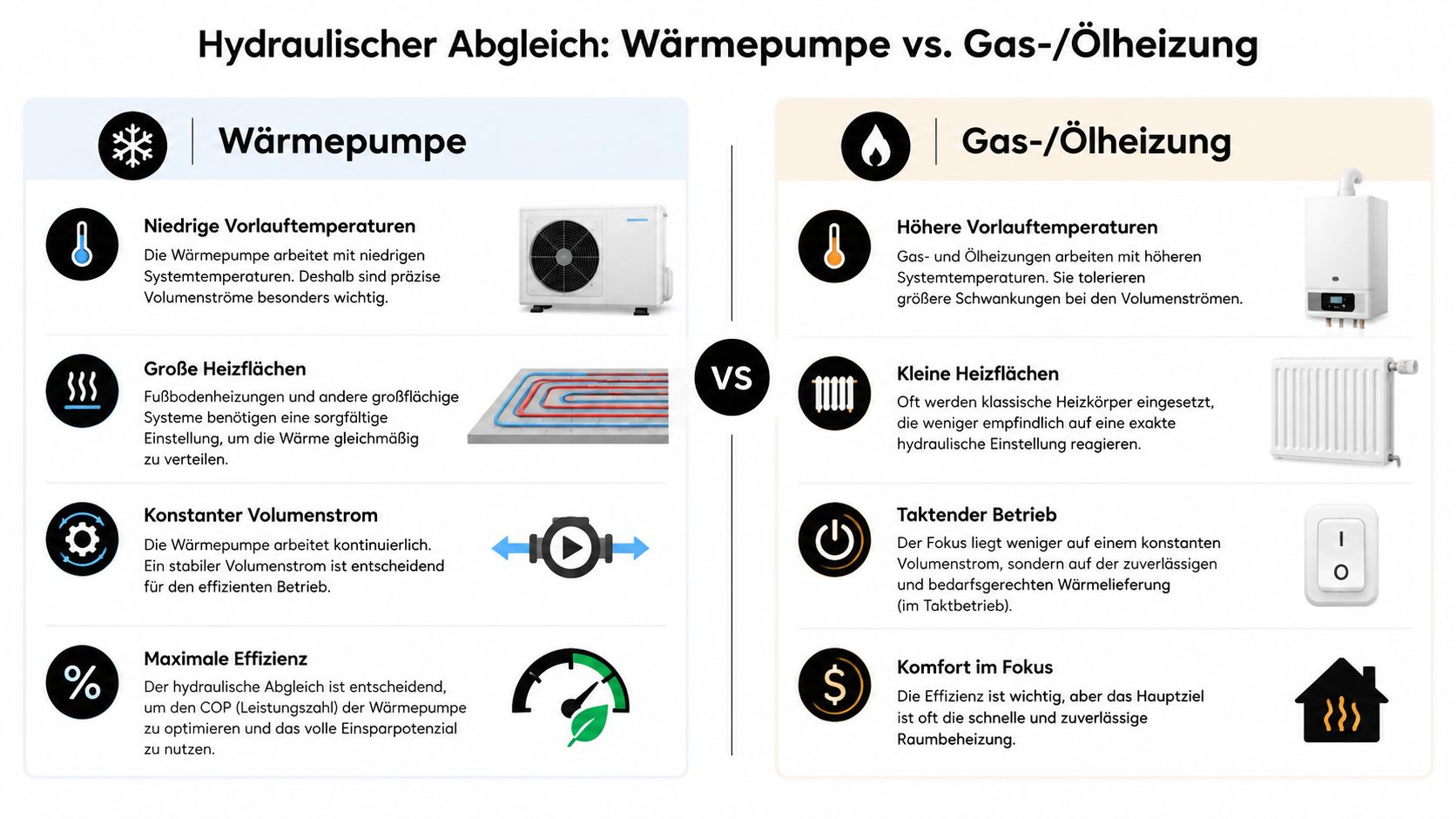 Vergleich zwischen Wärmepumpe und Gas- oder Ölheizung bezüglich der Notwendigkeit eines hydraulischen Abgleichs für ein effizientes Heizsystem.