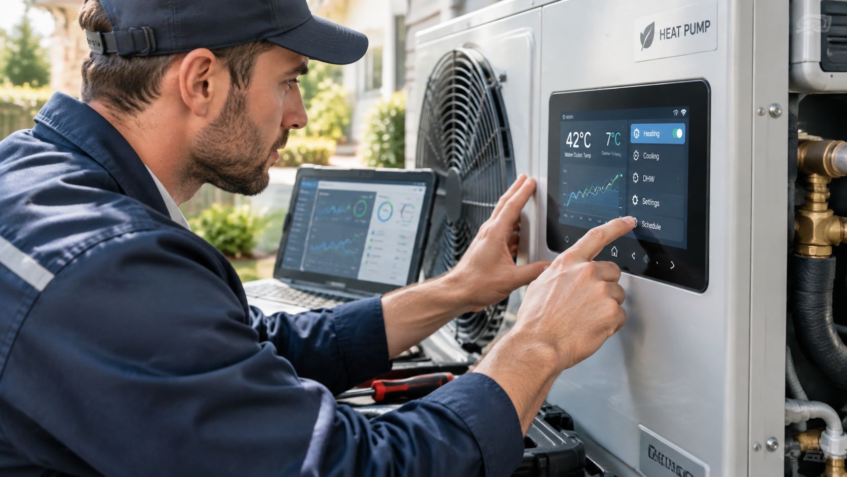 Ein Techniker in Arbeitskleidung bedient den digitalen Touchscreen einer modernen Wärmepumpe im Freien während der Wartung.