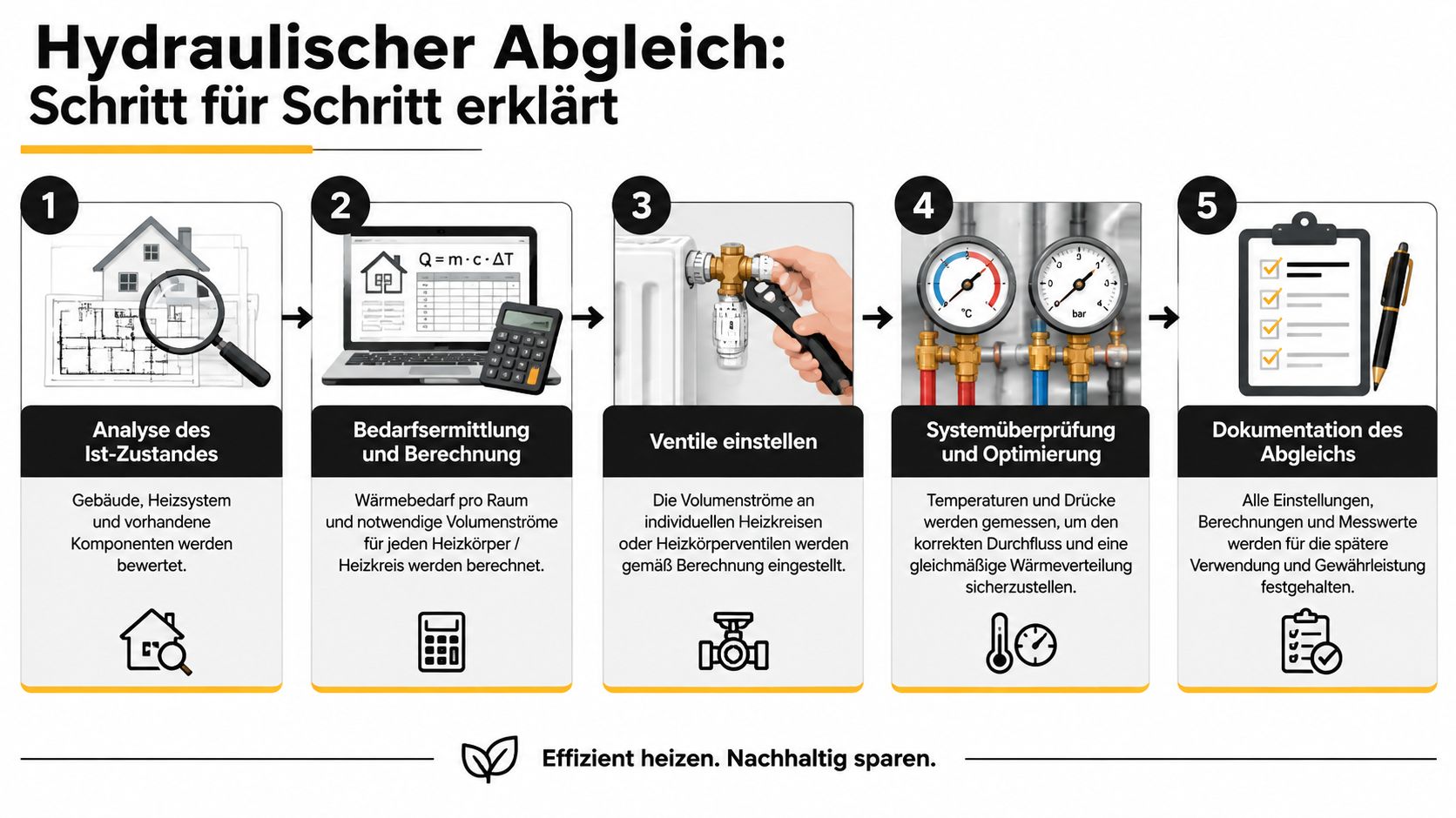 Eine Infografik erklärt die fünf Schritte für den Prozess eines hydraulischen Abgleichs bei Heizungssystemen.