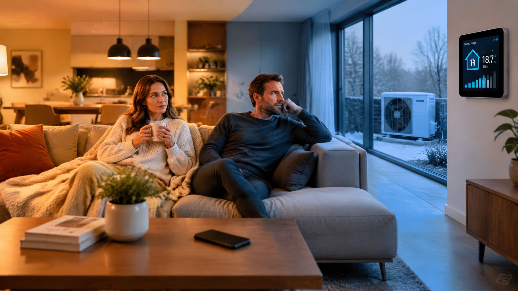 Ein Paar sitzt gemütlich auf einem Sofa und betrachtet die Energieverbrauchsdaten ihrer Wärmepumpe auf einem digitalen Display.