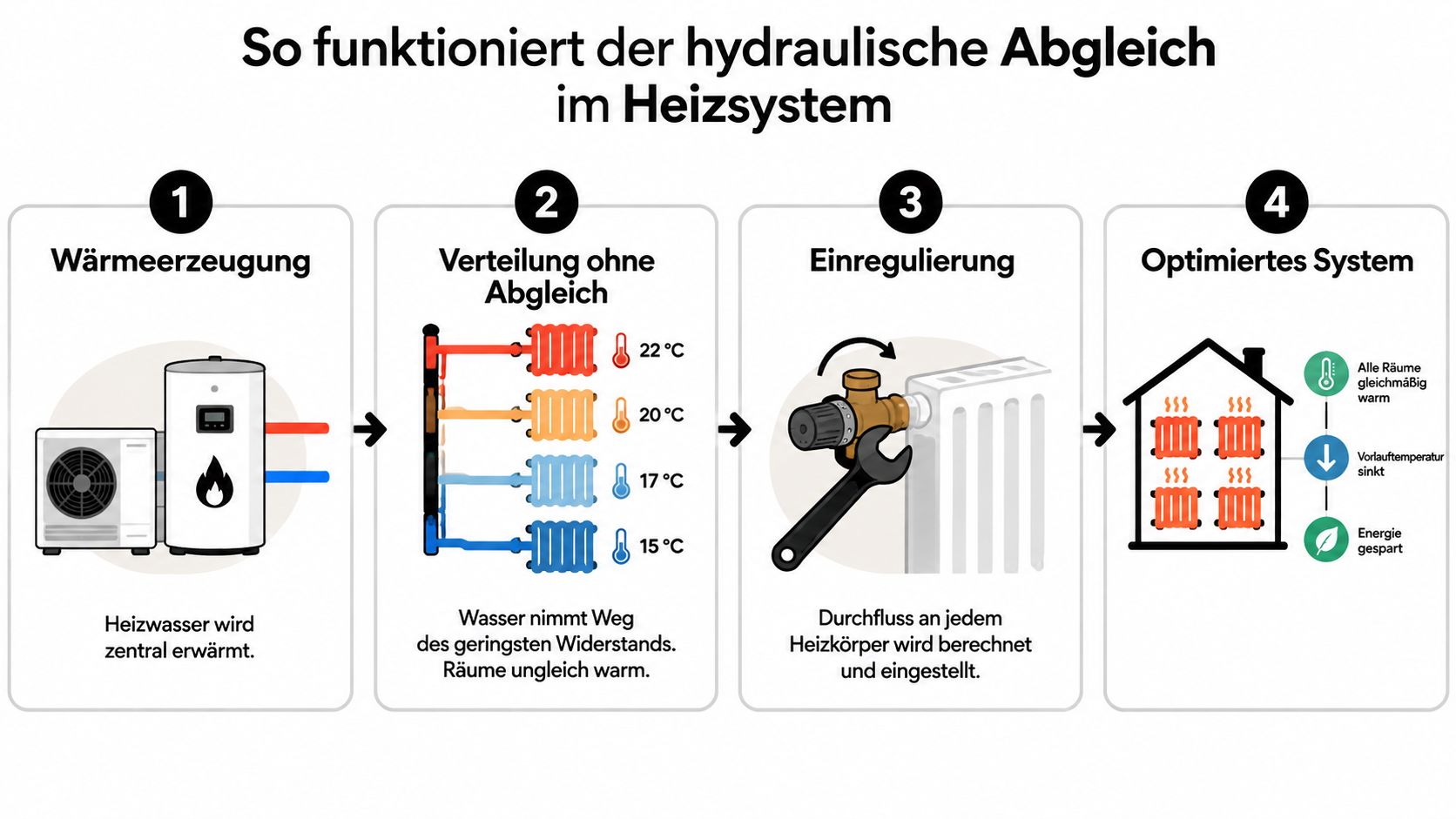 Eine Infografik erklärt die vier Schritte des hydraulischen Abgleichs für ein effizientes und gleichmäßig warmes Heizsystem.