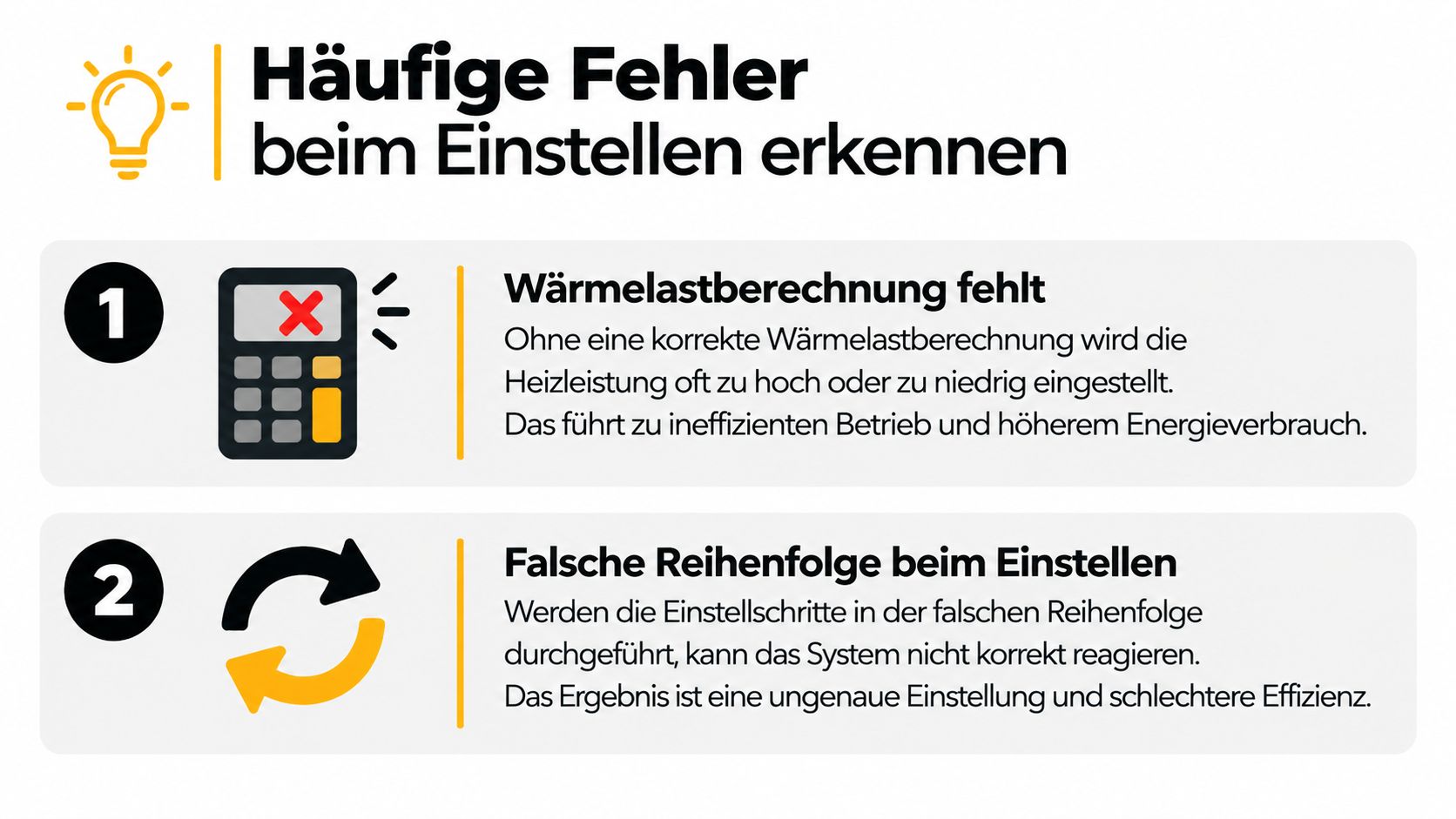 Infografik zeigt häufige Fehler bei der Heizungseinstellung, wie fehlende Wärmelastberechnung und falsche Reihenfolge beim Einstellen des Systems.