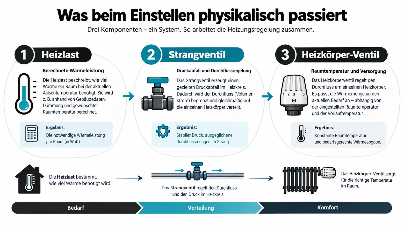 Infografik zur Erklärung des hydraulischen Abgleichs mit drei Komponenten: Heizlast, Strangventil und Heizkörperventil zur effizienten Wärmeregulierung.