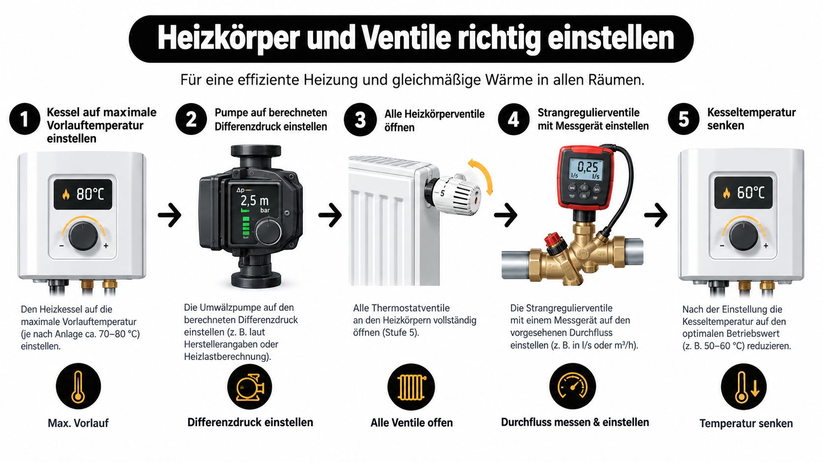 Infografik zur Anleitung für den hydraulischen Abgleich von Heizungsanlagen in fünf einfachen Schritten dargestellt.