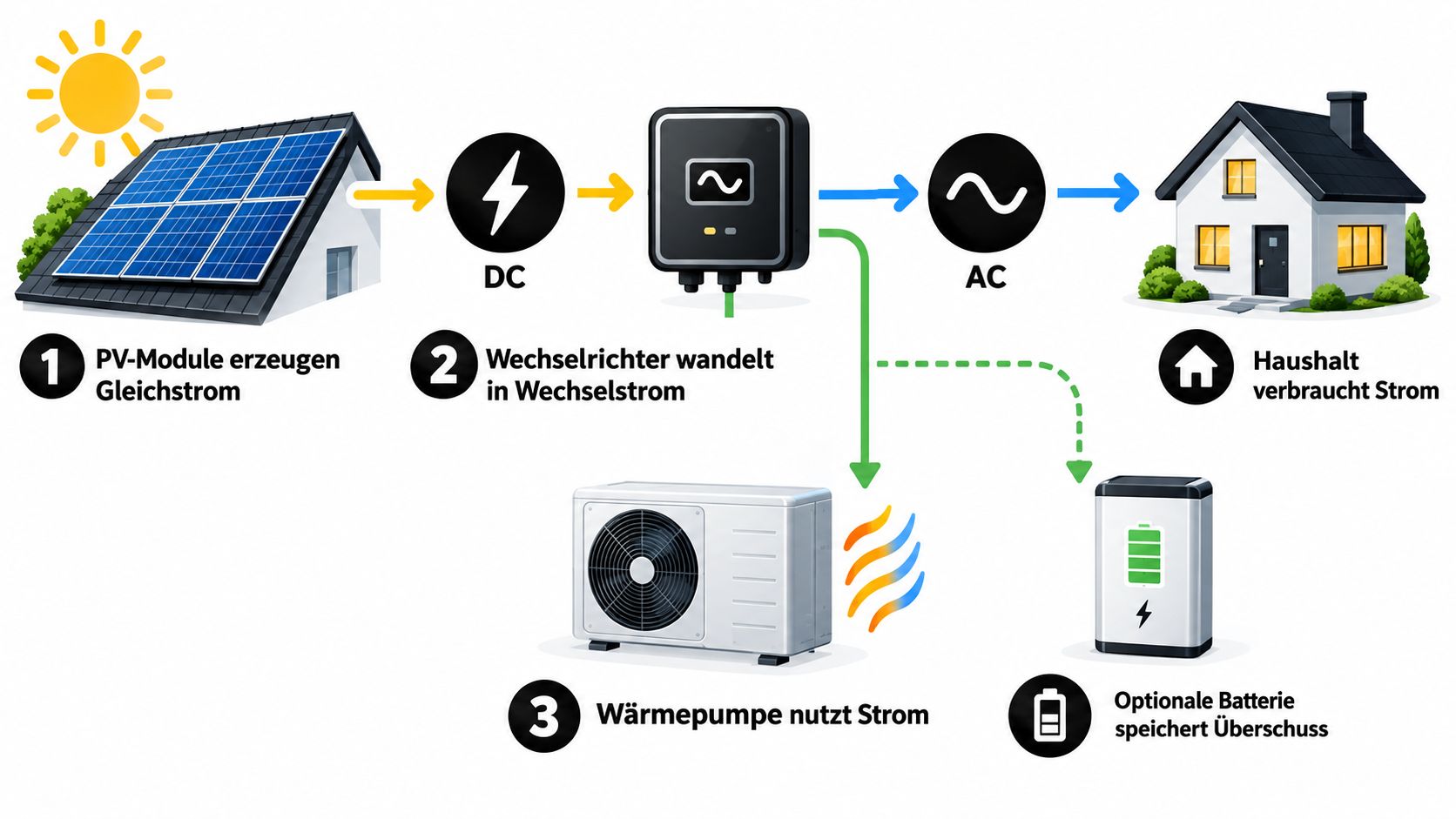 Ein Diagramm zeigt den Weg der Energie von Photovoltaik-Modulen über den Wechselrichter zur Wärmepumpe und zum Batteriespeicher.