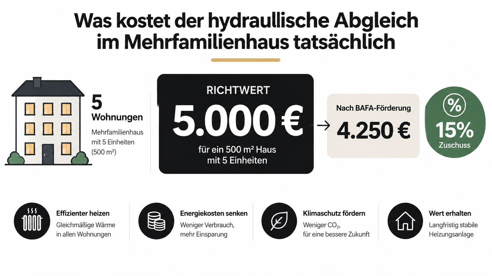 Infografik zeigt die Kosten und Vorteile eines hydraulischen Abgleichs für ein Mehrfamilienhaus mit 5 Einheiten.