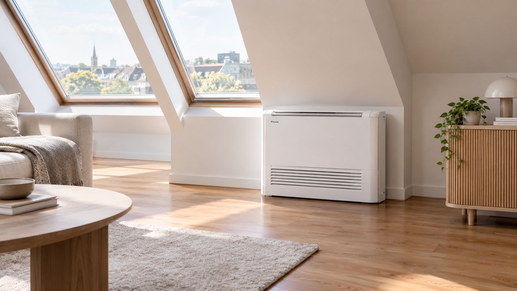 Ein modernes Daikin-Klimagerät steht in einem sonnendurchfluteten Dachgeschoss-Wohnraum neben einem Sideboard mit einer grünen Zimmerpflanze.