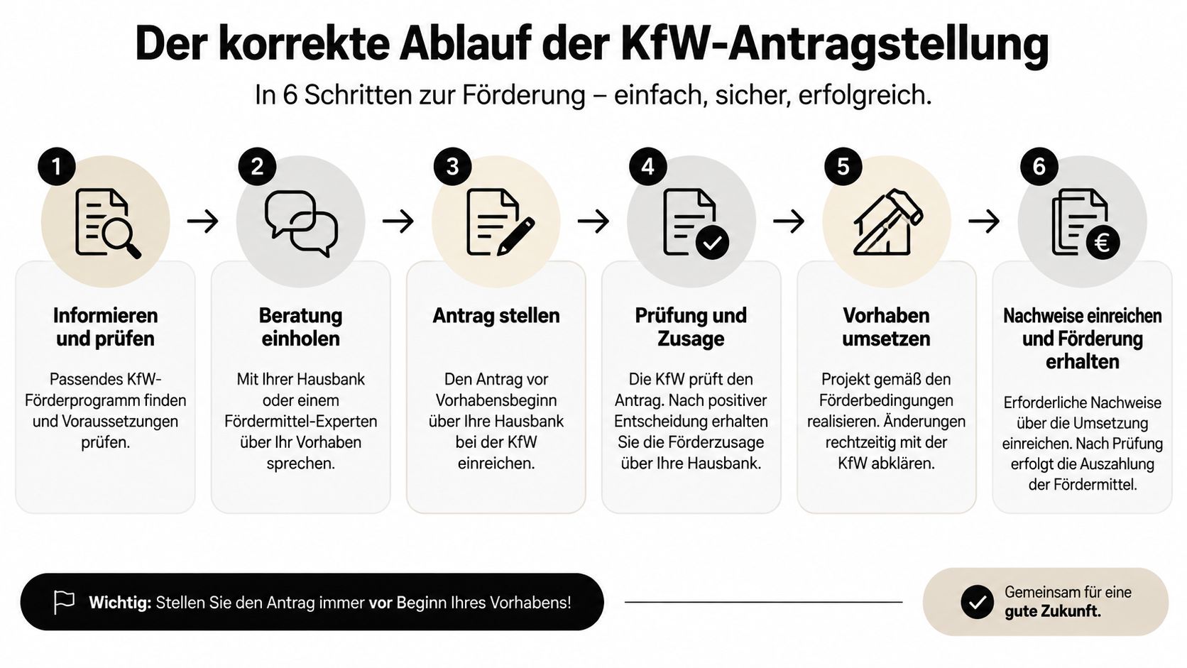 Grafik zeigt den sechsschrittigen Prozess zur Beantragung einer KfW-Förderung für Bauvorhaben und Modernisierungen.