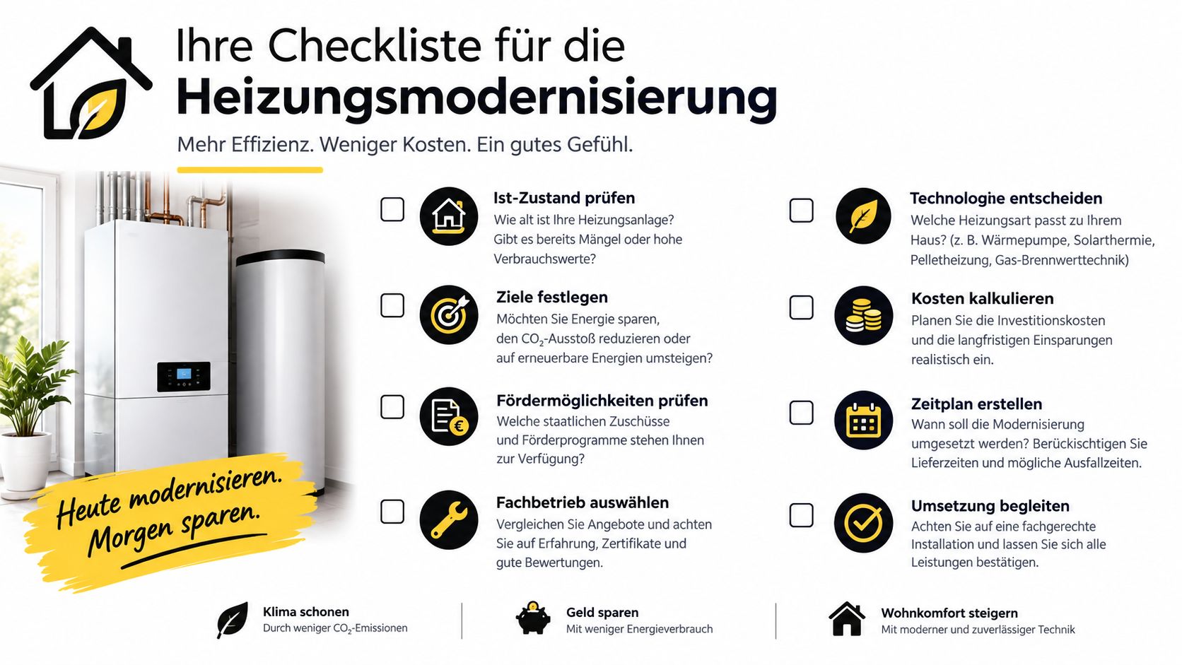 Eine strukturierte Checkliste für die Heizungsmodernisierung mit Schritten zur Planung, Kostenkalkulation und Auswahl eines geeigneten Fachbetriebs für Hausbesitzer.