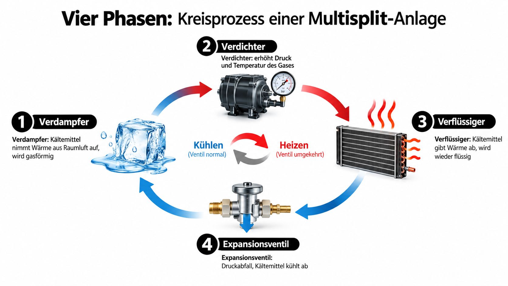 Schema der vier Phasen im Kreisprozess einer Multisplit-Klimaanlage mit Verdampfer, Verdichter, Verflüssiger und Expansionsventil dargestellt.