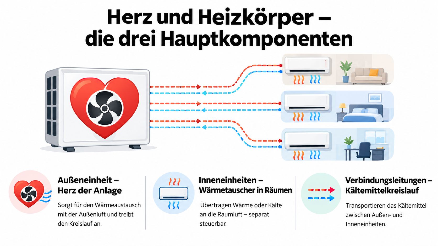 Schema der Funktionsweise einer Multi-Split-Klimaanlage mit Außeneinheit, Inneneinheiten und Verbindungsleitungen für den Kältemittelkreislauf.