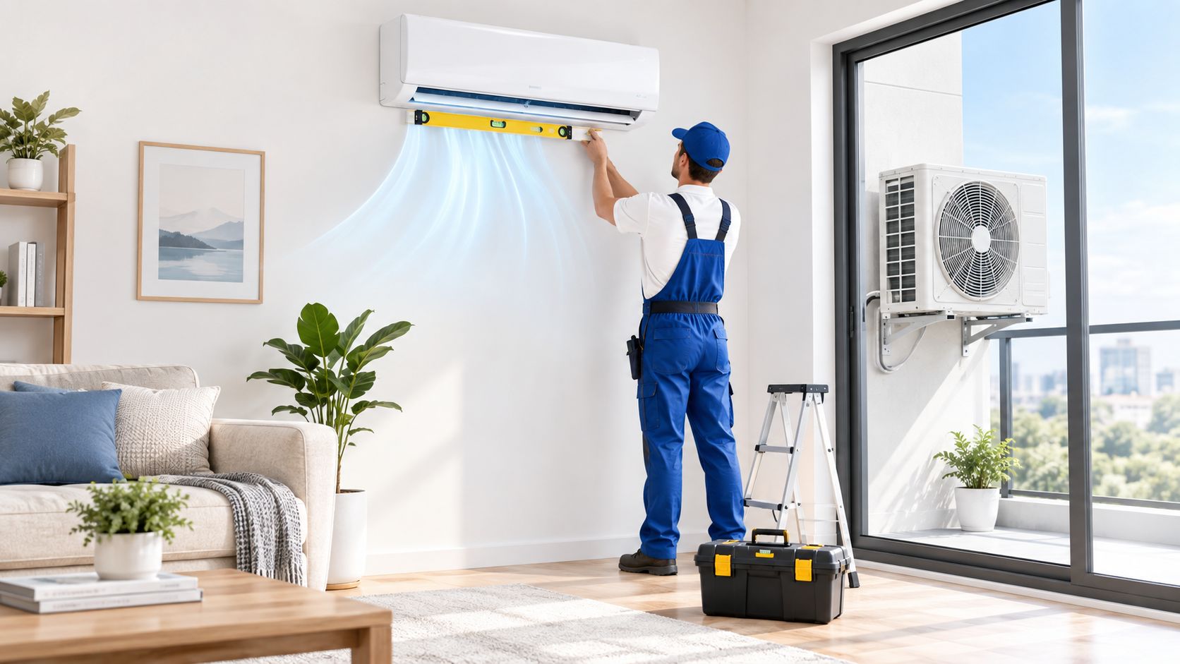 Ein Techniker in Arbeitskleidung montiert ein Split-Klimagerät mit einer Wasserwaage an der Wand eines modernen Wohnzimmers.