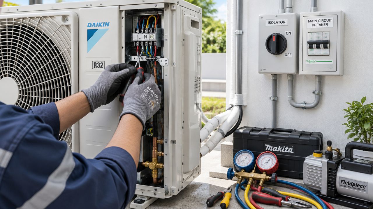 Ein Techniker führt Wartungsarbeiten an einer Daikin Split-Klimaanlage mit professionellem Werkzeug und Messgeräten im Außenbereich durch.