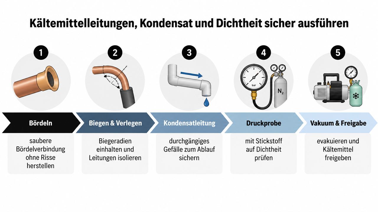 Eine Infografik mit fünf Schritten für die fachgerechte Installation von Kältemittelleitungen bei einer Split-Klimaanlage.