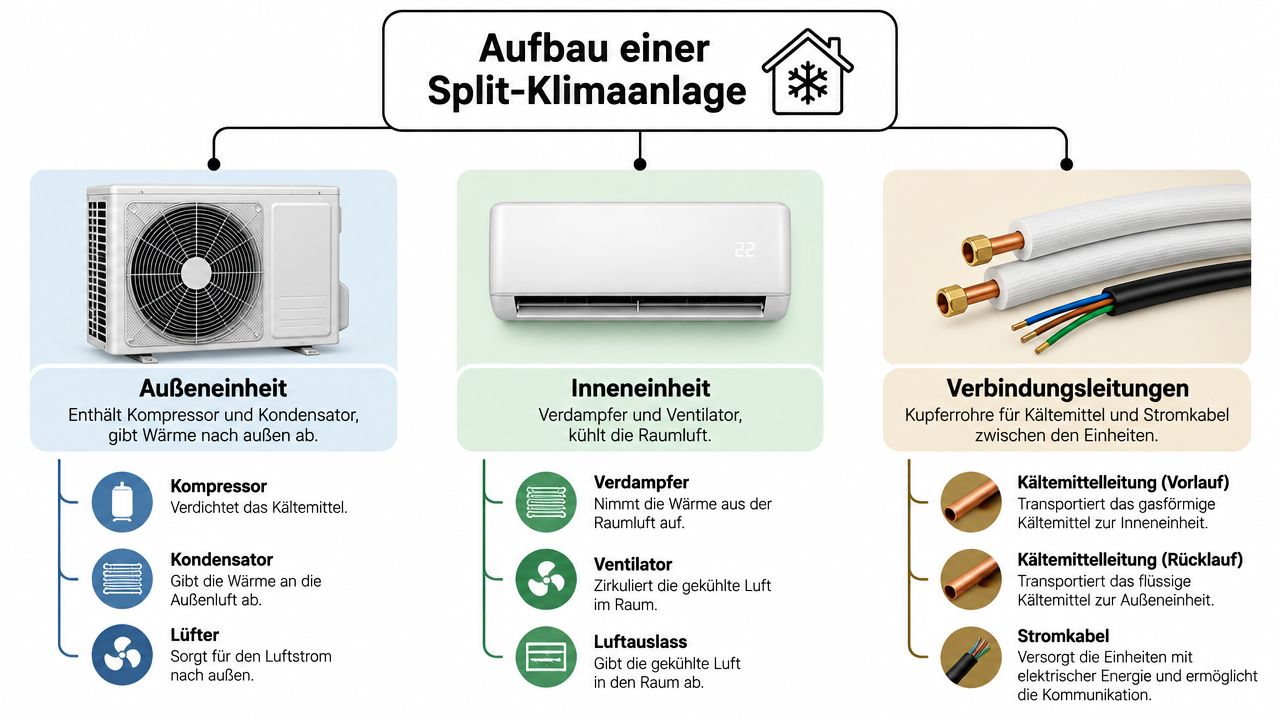 Grafische Darstellung der Komponenten einer Split-Klimaanlage, bestehend aus Außeneinheit, Inneneinheit und den dazugehörigen Verbindungsleitungen.