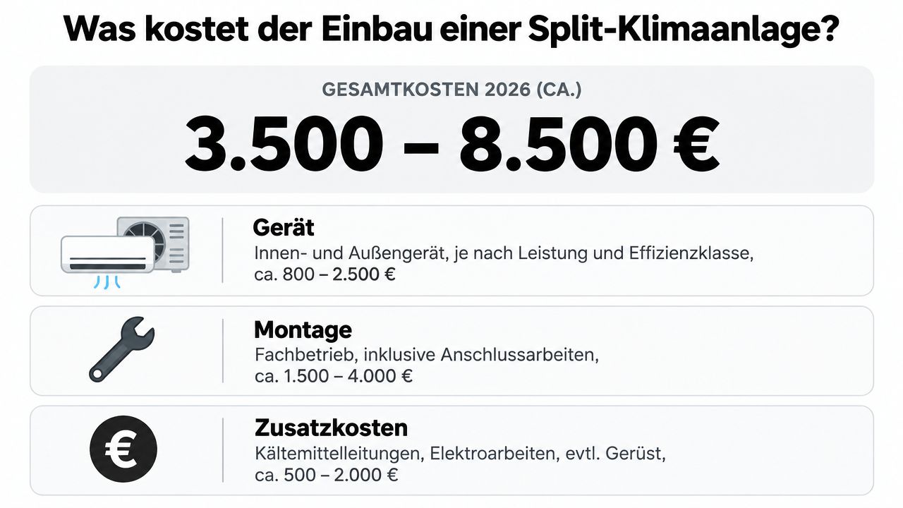 Infografik zeigt die geschätzten Gesamtkosten für den Einbau einer Split-Klimaanlage im Jahr 2026 inklusive Geräten und Montage.