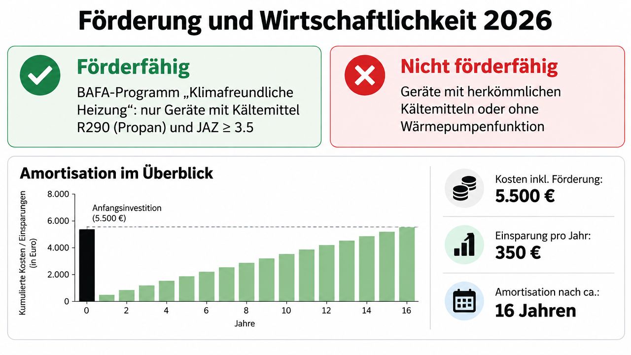 Übersicht zur staatlichen Förderung und Amortisationsdauer für klimafreundliche Wärmepumpen mit Propan-Kältemittel bis zum Jahr 2026.