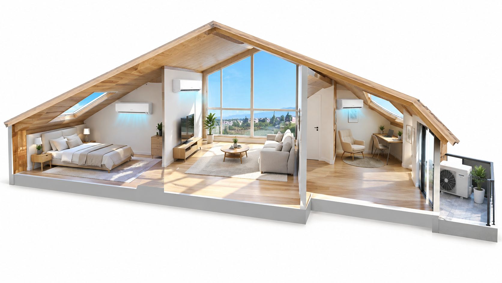Schnittmodell eines Hauses mit installierter Multisplit-Klimaanlage in verschiedenen Wohnräumen für ein angenehmes Raumklima.