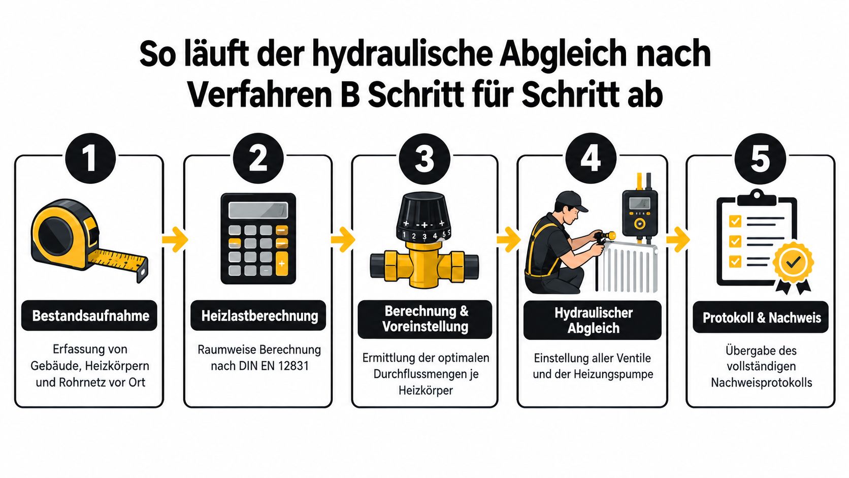 Eine Infografik erklärt die fünf Schritte des hydraulischen Abgleichs nach Verfahren B für Heizsysteme in Gebäuden.