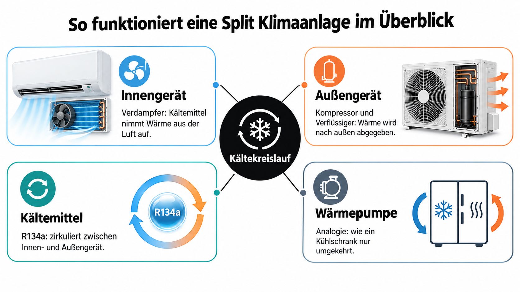 Infografik zur Funktionsweise einer Split-Klimaanlage mit Erklärungen zu Innengerät, Außengerät, Kältemittelkreislauf und dem Wärmepumpen-Prinzip.